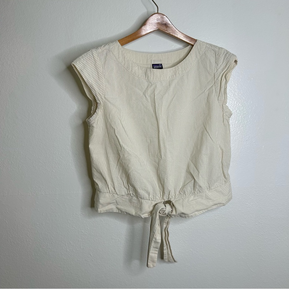 Patagonia 100% Organic Cotton Striped Neutral Tie Front Blouse Size Small